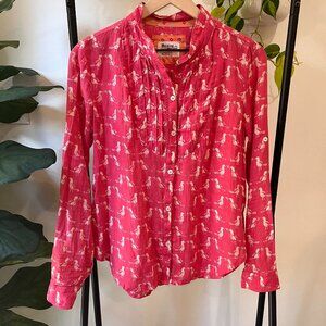 Holding Horses Anthropologie Bird Print Pintuck Blouse Pink Orange Boho Size 4